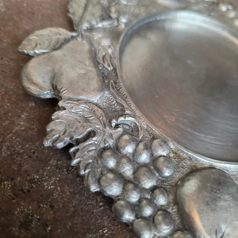 Vintage Italian Pewter Wine Bottle Coaster Embossed Fruit Harvest Made in Italy